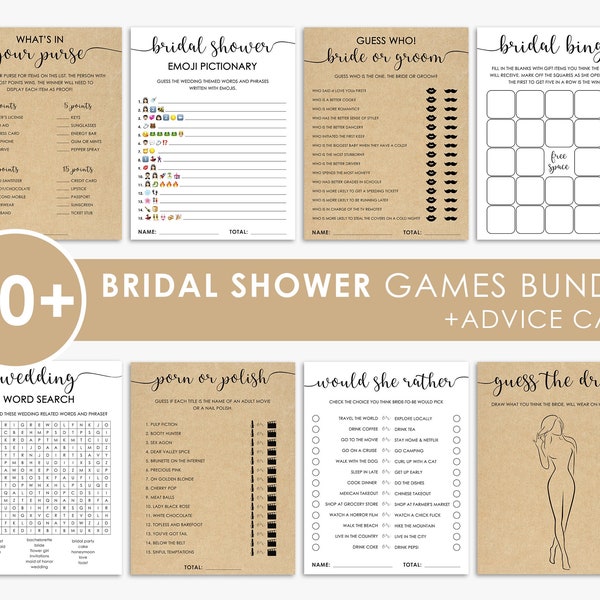 60+ bridal shower games BUNDLE, rustic, bridal shower game, set, kraft, black & white, package, printable, NOT EDITABLE, instant download