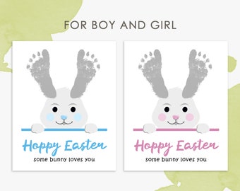 easter bunny footprint art, printable easter craft, keepsake for baby and kids, handprint art