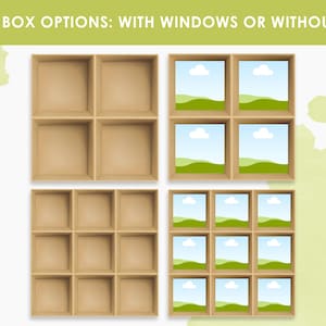 Può includere: Due serie di scatole di legno, una con finestre e una senza. Ogni scatola è divisa in quattro o nove scomparti. Le scatole con finestre presentano immagini di cielo blu, colline verdi e nuvole bianche. Testo: 2 OPZIONI SCATOLA: CON O SENZA.