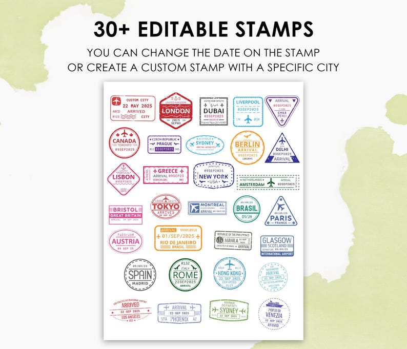 May include: A sheet of over 30 editable travel stamps featuring city names such as London, Paris, and Tokyo. The text "30+ EDITABLE STAMPS" and instructions are at the top. The stamps are in various shapes and colours.