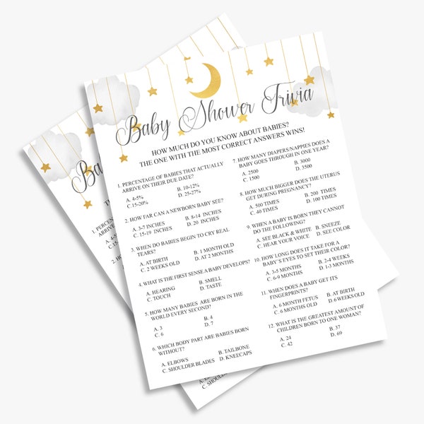 baby shower trivia, twinkle twinle little star baby shower games, baby trivia game, moon and stars, printable, instant download