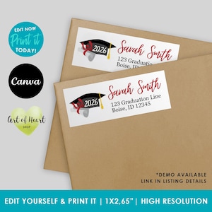 graduation address labels, Class of 2026 return address labels, personalized school or college graduation address labels, Canva editable