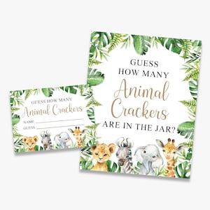 devinez combien de craquelins animaux dans le pot, jeu de baby shower safari, panneau + cartes, jungle, imprimable, téléchargement immédiat
