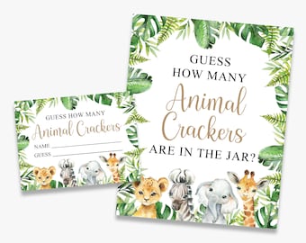 guess how many animal crackers in the jar, safari baby shower game, sign + cards, jungle, printable, instant download