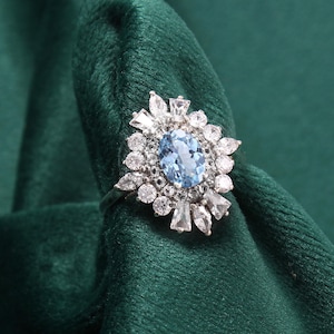 Halo Aquamarine Ring: 14k Gold, Vintage Style, Simulated Diamonds