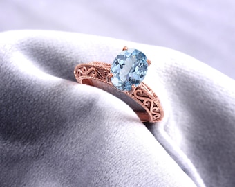 Anillo de compromiso de aguamarina: Filigrana Art Déco en oro de 14k, piedra natal de marzo.