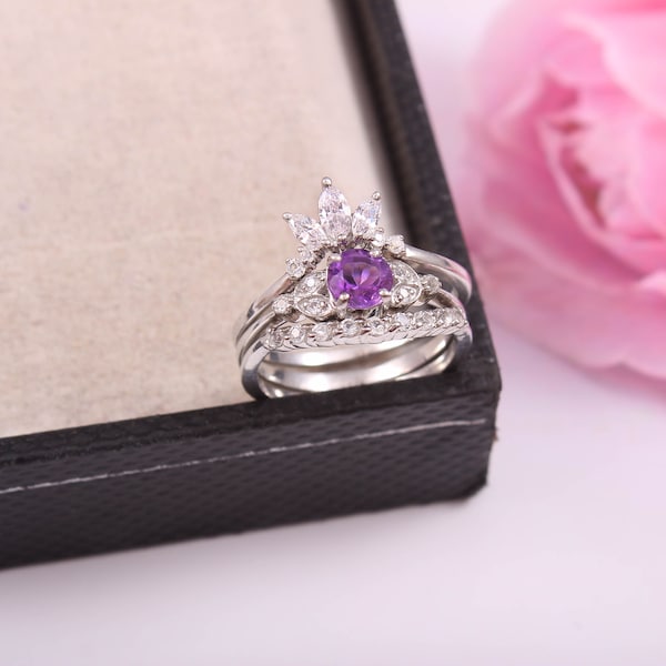 Real Amethyst Wedding & Engagement Ring Set Western style 925 Sterling Silver Lab Diamond Ring  New Arrival Bridal Rings for Woman