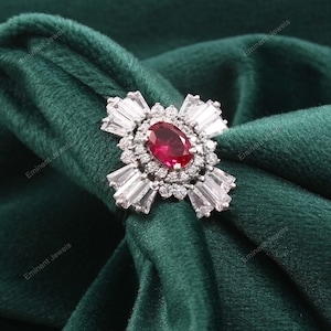 Rubin Verlobungsring Ovalschliff 925 Sterling Silber Ring Art Deco Akzent Diamantring Vintage Jubiläumsring Halo-Ring für Sie