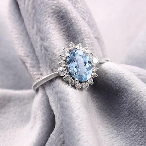 Art Deco Aquamarine Ring: Oval Sapphire, Diamond Halo, 14k White Gold