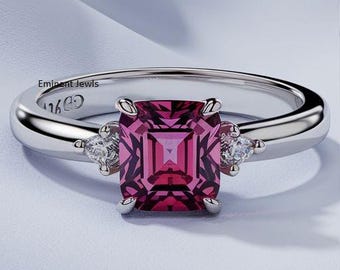 Rhodolite Garnet Engagement Ring Cushion Cut Garnet Ring 14k White Gold Ring Rhodolite Garnet Diamond Ring Trendy Anniversary Ring for Her