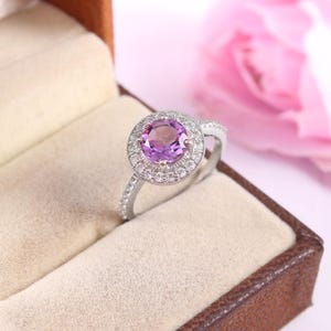 Amethyst Engagement Ring Round Cut Ring 14k Rose Gold Ring, Art Deco Natural Amethyst Ring ! Vintage Anniversary Ring Halo Ring for Women