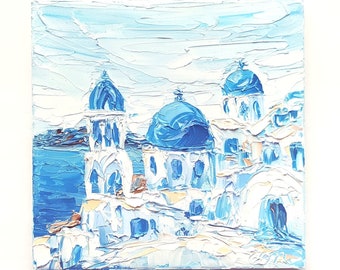 Santorini Grekland Original Oljemålning Palettkniv Impasto Texturerat Konstverk Grekisk Ö Landskap Medelhavet Grekland Havslandskap Väggkonst