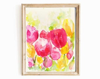 Hot Pink Tulip Watercolor Original Small Painting Bright Pink Yellow Flower Artwork Spring Flower Wall Art Colorful Floral Illustration