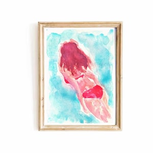 Colorful Underwater Swimmer Watercolor Original Small Painting Summer Ocean Artwork Woman Figurative Wall Art Beach Girl Summer Artwork
