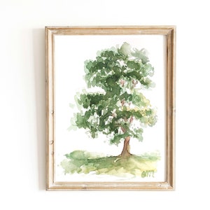 Oak Tree Watercolor Original Painting Minimalist Botanical Illustration Green Forest Landscape Farmhouse Artwork Oak Tree Woodland Wall Art