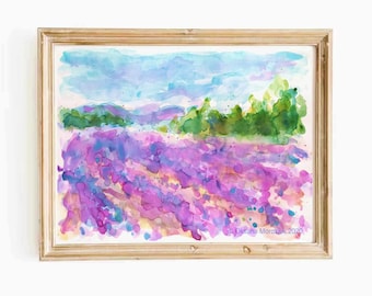 Champ de lavande Toscane peinture oeuvre de la nature aquarelle originale fleur pourpre champ Italie oeuvre paysage italien voyage art mural