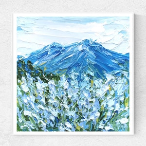 Mount Rainier Impasto Original Oil Painting Casdade Mountain Landscape Textured Palette Knife Artwork Blue Flower National Park Wall Art