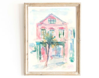 Charleston South Carolina Watercolor Original Small Painting Pastel Pink House Art Charleston Downtown Wall Art Charleston Street Artwork