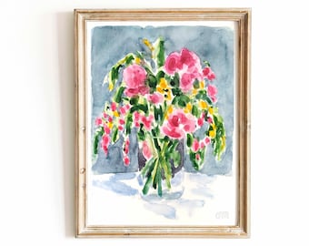 Pink Peony Impressionist Watercolor Original Painting Pink Floral Bouquet Artwork Wild Rose Flower Illustration Floral Still Life Wall Art