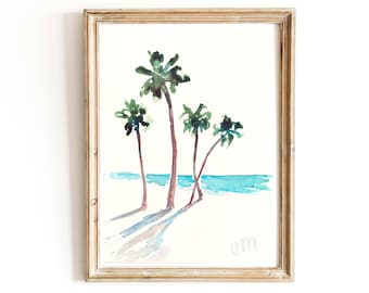 Palmiers de plage hawaïens minimalistes aquarelle originale petite peinture Art de l'été tropical Oeuvre d'art paysage côtier d'Hawaï Art mural Kauai