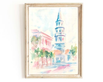 Pastel Pink Charleston South Carolina Watercolor Original Painting Church Street Pink House Artwork Charleston Downtown Travel Wall Art