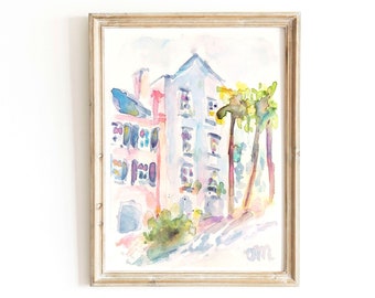 Charleston South Carolina Watercolor Original Painting Rainbow Row Street Wall Art Pastel Pink House Artwork Charleston Downtown Wall Art