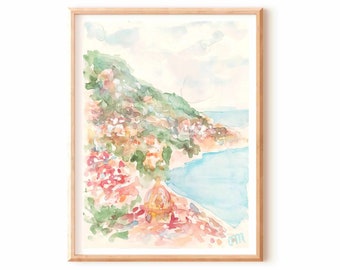 抽象的なアマルフィ海岸の水彩画のオリジナル絵画ポジターノアートワークイタリアの海景パステルカラーアート地中海の風景イタリアの壁アート