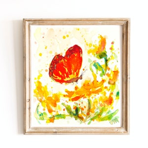 Bunter roter Schmetterling Aquarell kleine Malerei Sommer Wandkunst Gelb Blumen Kunstwerk Insekt Kunst Orange Gelbe Gänseblümchen Blumenkunst