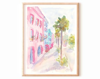 Pastel Pink Charleston South Carolina Watercolor Original Painting Rainbow Row Street Artwork Pink House Art Charleston Downtown Wall Art