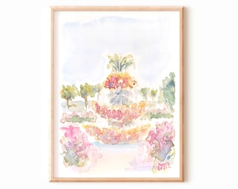 Puede incluir: Pintura acuarela de una fuente con una parte superior en forma de piña rodeada de flores rosas y amarillas. La fuente se encuentra en un jardín con árboles en el fondo.