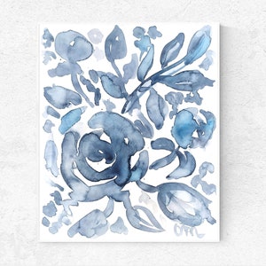 Indigo Blue Flower Watercolor Original Painting Peony Flower Artwork Navy Blue Floral Illustration Peony Artwork Boho Indigo Wall Art