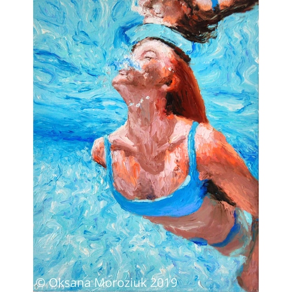 Unterwasser Schwimmer Ölgemälde Original Meer Schwimmen Mädchen Impasto Frau Figurative Wandkunst Tropischer Ozean Strukturierte Kunstwerk Sommer Wandkunst