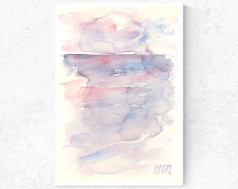 Abstract California Beach Sunset Watercolor Original Painting Pastel Purple Nature Landscape Coastal Artwork Seascape Ocean Coast Wall Art