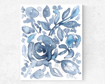 Indigo azul flor acuarela pintura original peonía flor arte azul marino ilustración floral peonía arte Boho Indigo pared arte