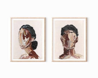 Black Woman Faceless Portrait Set of 2 Impasto Oil Painting African American Man Artwork Afro Woman Palette Knife Heavy Textured Wall Art