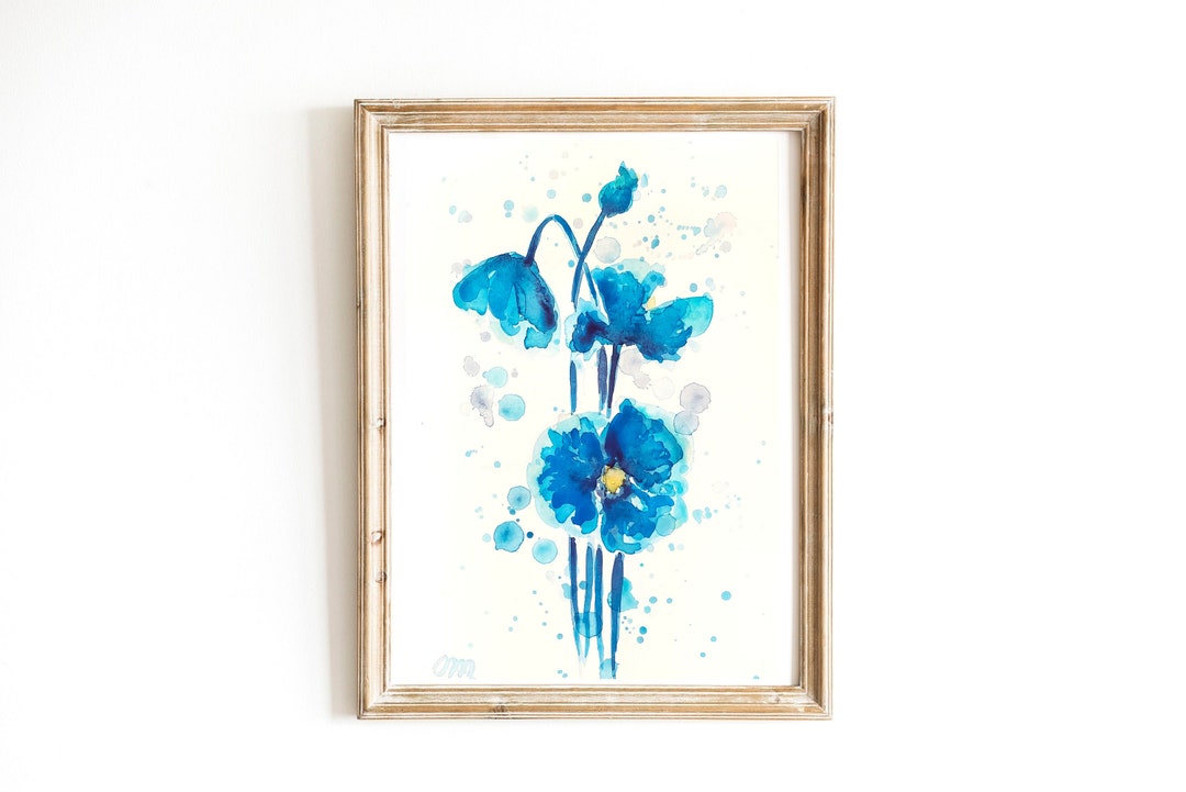 Indigo Blue Flower Watercolor Original Painting Minimalist Indigo