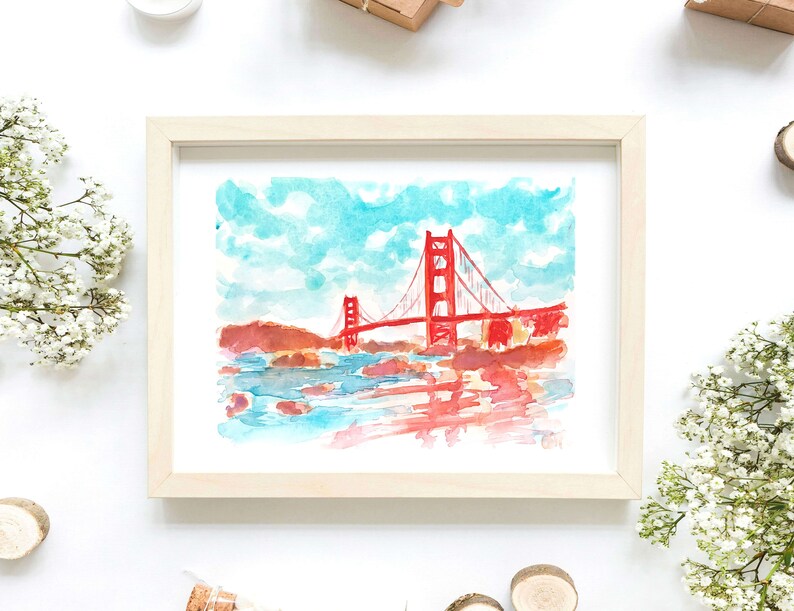Colorful San Francisco California Watercolor Original Small Painting Golden Gate Bridge California City Artwork San Francisco Wall Art image 4