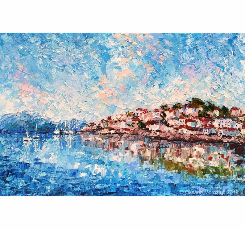 Italy Coast Impasto Oil Painting Mediterranean Coastal Artwork Abstract Italian Seascape Palette Knife Heavy Textured Original Wall Art image 1