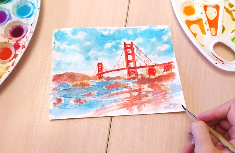 Colorful San Francisco California Watercolor Original Small Painting Golden Gate Bridge California City Artwork San Francisco Wall Art image 8