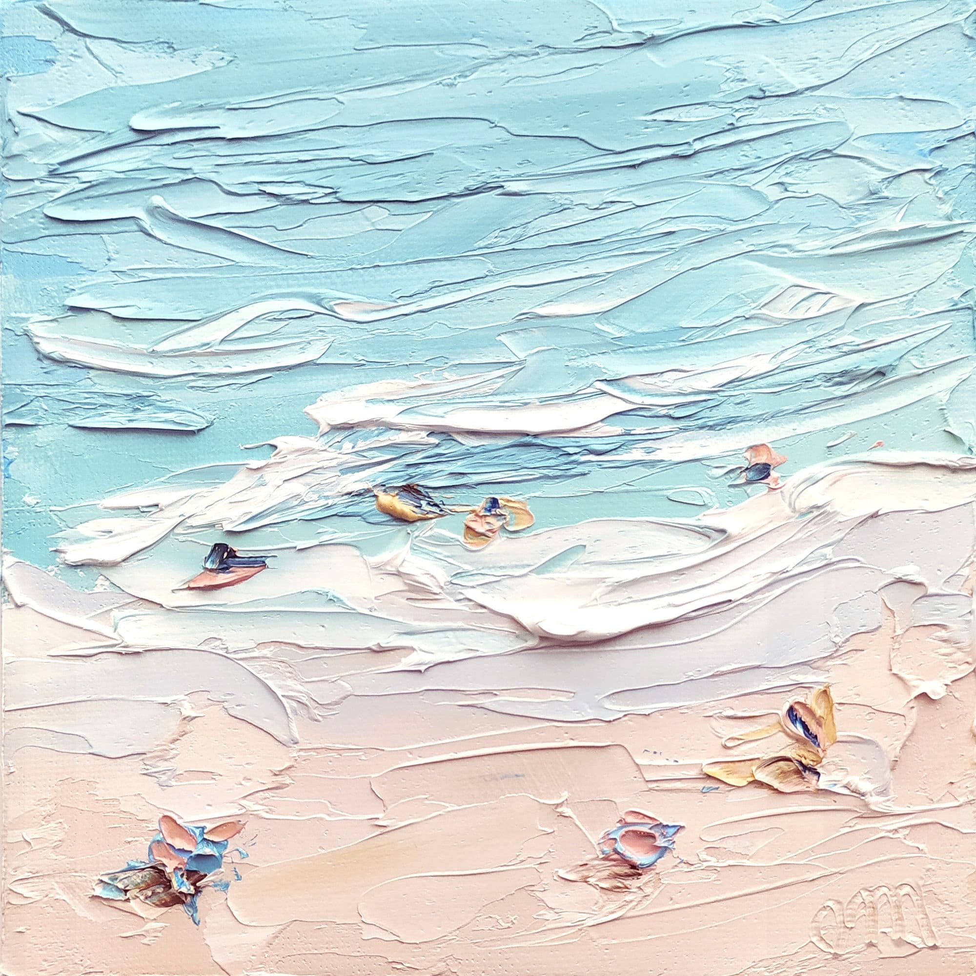 Pastel Blue Abstract Aerial Beach Scene Impasto Oil Painting