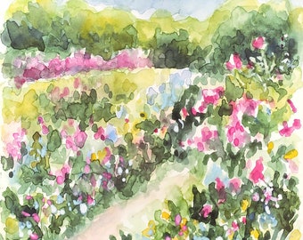 Rose Garden Flowers Watercolor Original Painting Nature Artwork Pink Flower Colorful Landscape Farmhouse Artwork Impressionist Wall Art