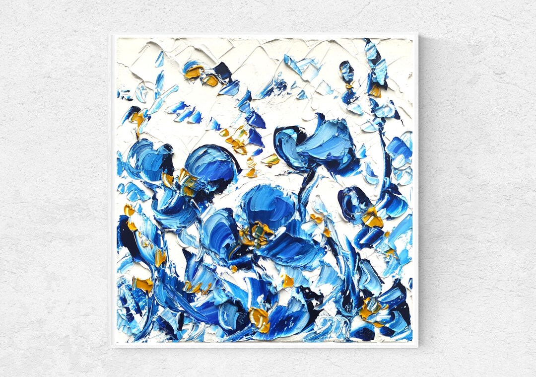 Abstract Indigo Flower Oil Painting Original Palette Knife Impasto Blue ...