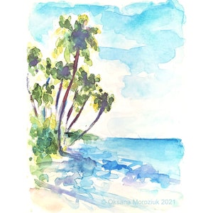 Colorful Hawaiian Beach Palm Tree Watercolor Original Small Painting Kauai Coastal Landscape Artwork Tropical Island Seascape Wall Art