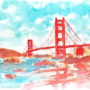 Colorful San Francisco California Watercolor Original Small Painting Golden Gate Bridge California City Artwork San Francisco Wall Art image 3