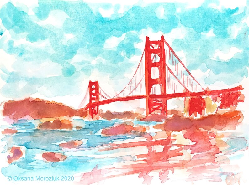 Colorful San Francisco California Watercolor Original Small Painting Golden Gate Bridge California City Artwork San Francisco Wall Art image 3