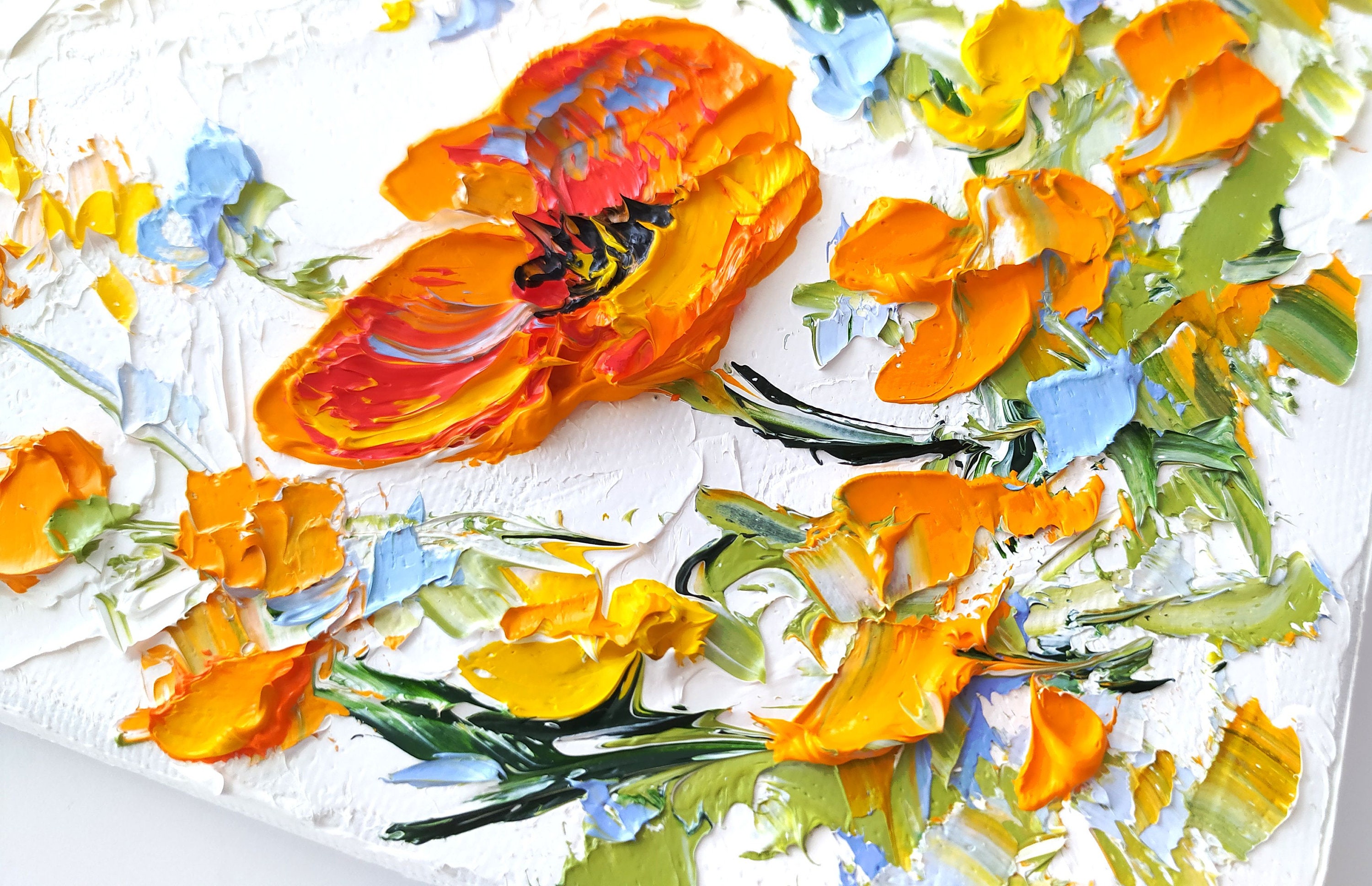 Orange Poppy Impasto Oil Painting Orange Flower Original Artwork