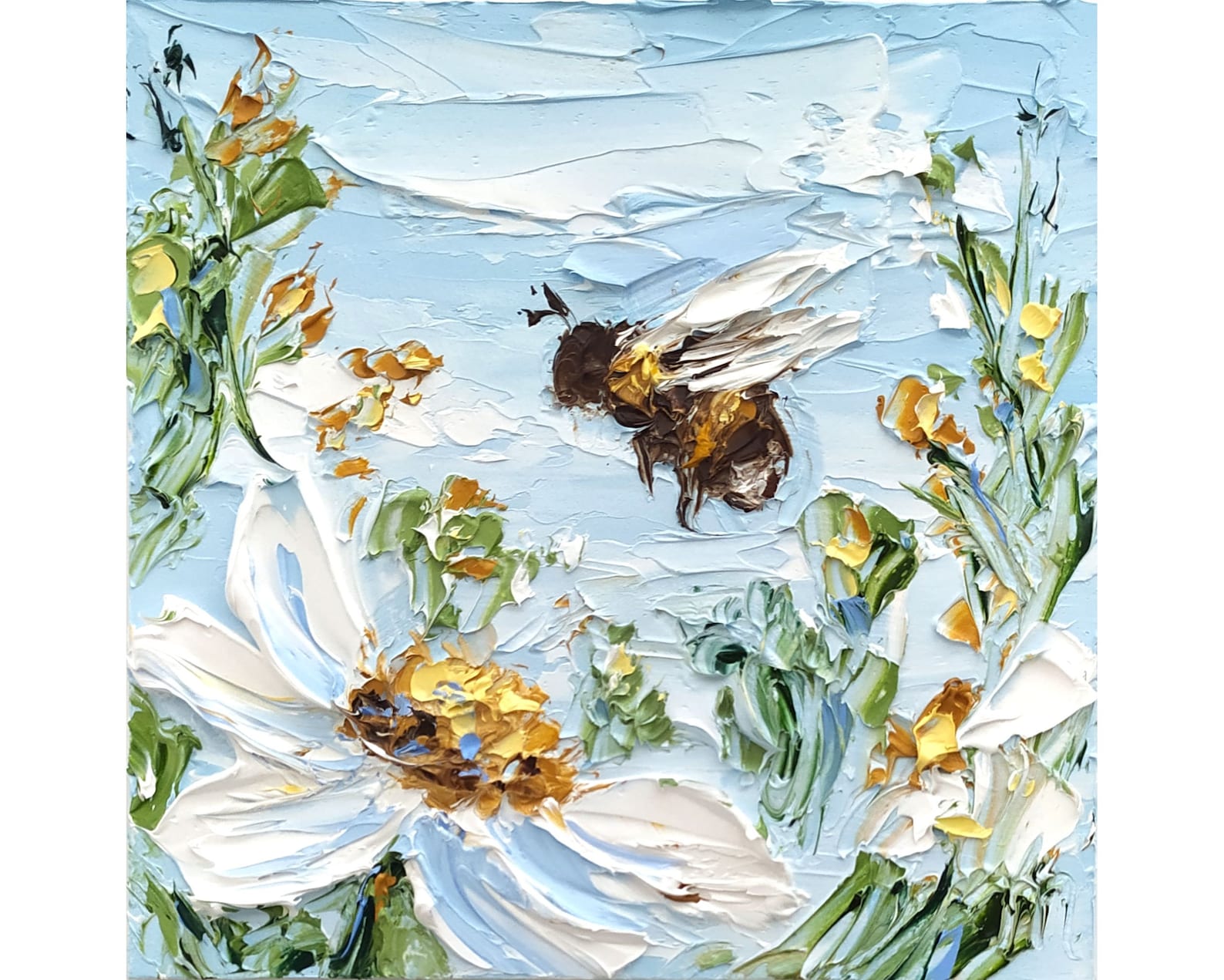 White Daisy Honey Bee Impasto Oil Painting Chamomile Flower Palette ...