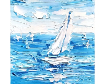 Abstract Sailboat Impasto Oil Painting California Coast Summer Artwork Sailboat Seascape Palette Knife Original Artwork Blue Ocean Wall Art