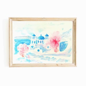 Santorini Coast Landscappe Watercolor Original Painting Colorful Greece Wall Art Mediterranean Seascape Artwork Greek Island Wall Art