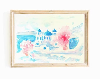 Aquarelle originale de paysage de la côte de Santorin, art mural coloré de la Grèce, oeuvre d'art paysage marin méditerranéen, oeuvre d'art murale de l'île grecque